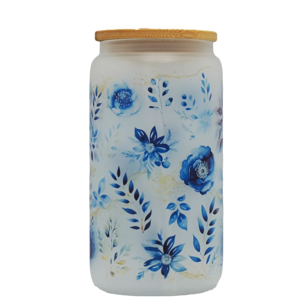 Botella Flaske Printed Frosted Glass Can with Lid and Glass Straw