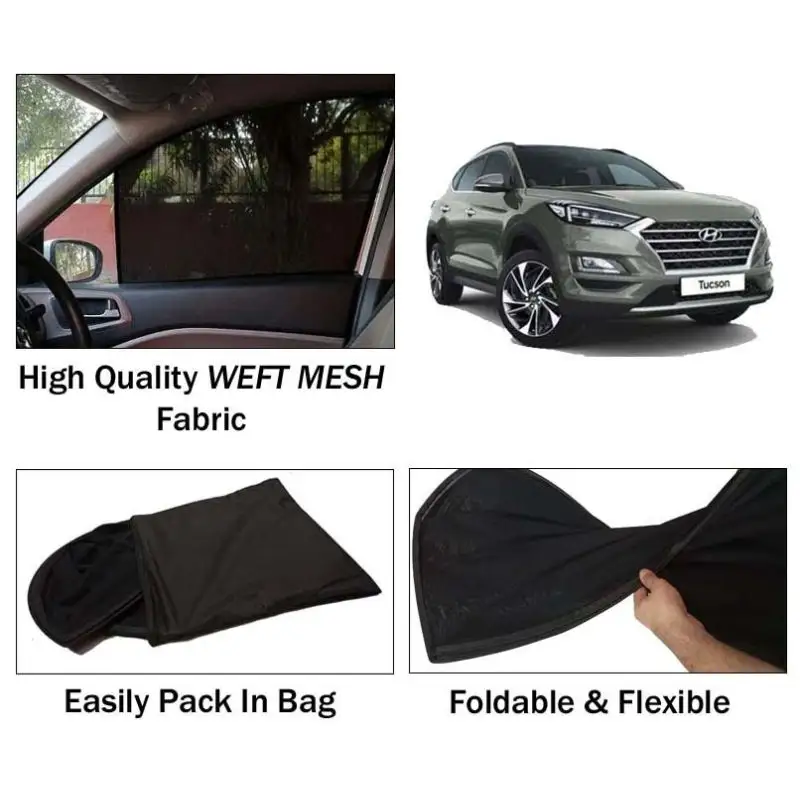 Hyundai Tucson Sun Shades | Foldable | Mesh Fabric | Flexible Rods | Dark Black | Packed In Bag