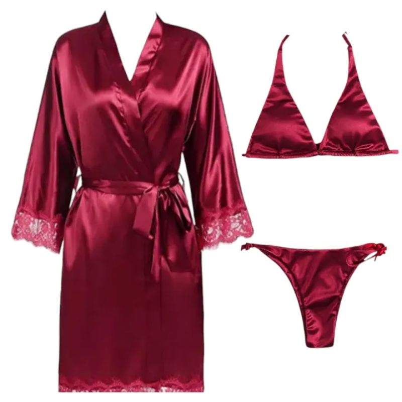 Women 3 Piece Sexy Nighty Sleepwear Silk Satin night dress Lingerie Set With Robe and Short Gown Bridal for Ladies and Girls Women Dress for Night