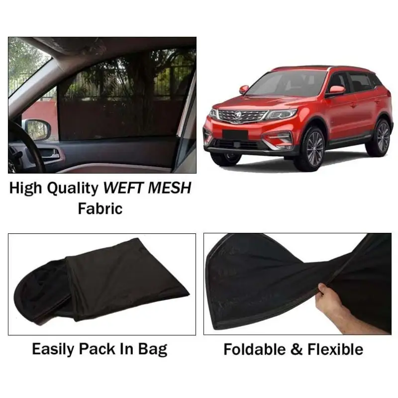 Proton X70 Sun Shades | Foldable | Mesh Fabric | Flexible Rods | Dark Black | Packed In Bag