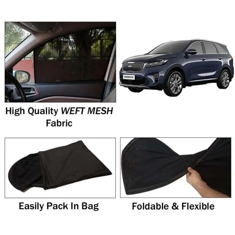 Kia Sorento Sun Shades | Foldable | Mesh Fabric | Flexible Rods | Dark Black | Packed In Bag