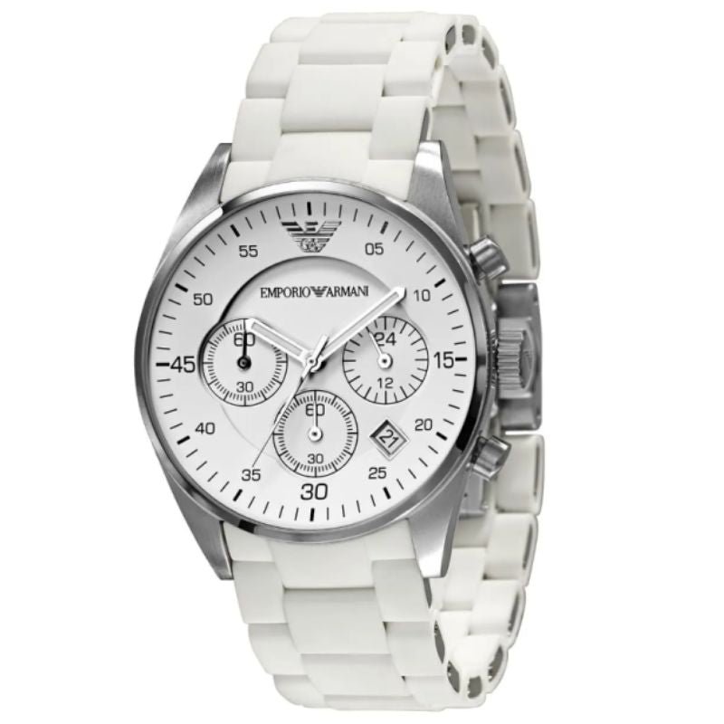 Emporio Armani AR5867 Women’s Chronograph Quartz White Silicone & Stainless Steel Chain White Dial 39mm Watch