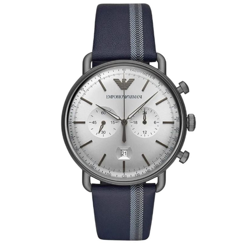 Emporio Armani AR11202 Aviator Men’s Chronograph Quartz Stainless Steel Silver Dial 43mm Blue Leather Strap Watch