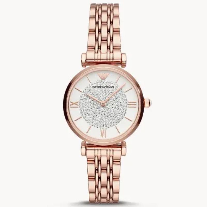 Emporio Armani AR11244 Women’s Quartz Rose Gold Stainless Steel Silver Crystal Pave Dial 32mm Watch