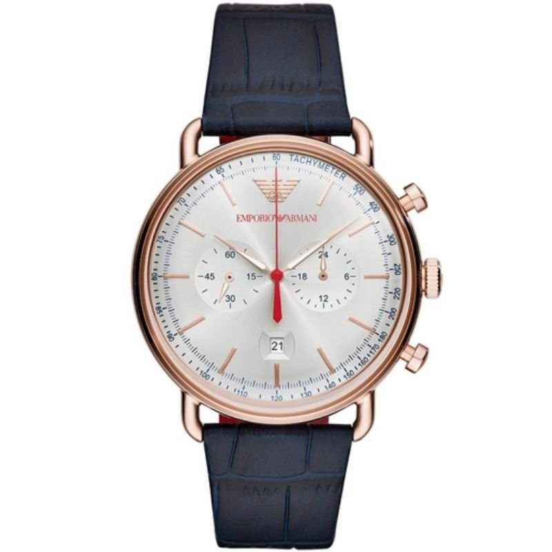 Emporio Armani AR11123 Men’s Chronograph Quartz Blue Leather Strap Silver Dial 48mm Watch