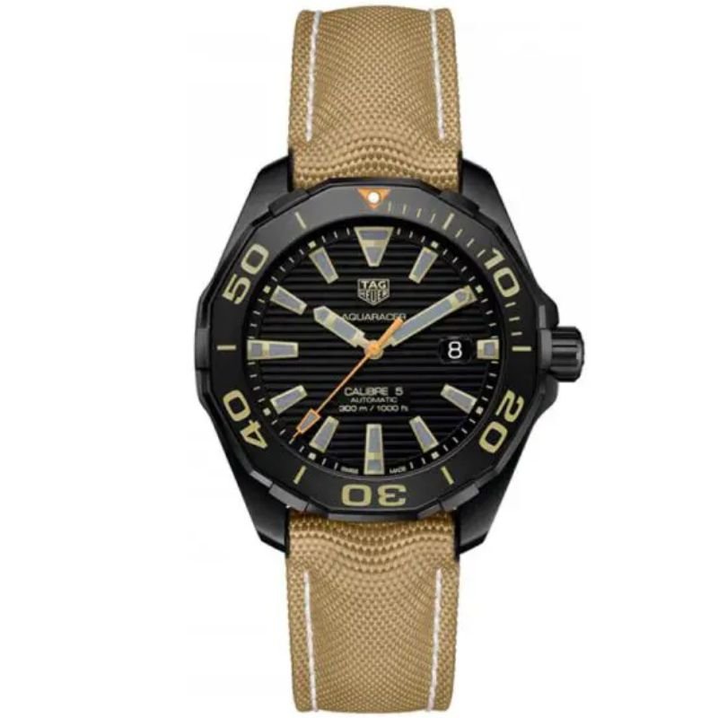 Tag Heuer WAY208C.FC6383 Aquaracer Men’s Automatic Swiss Made Beige Nylon Strap Black Dial 43mm Watch