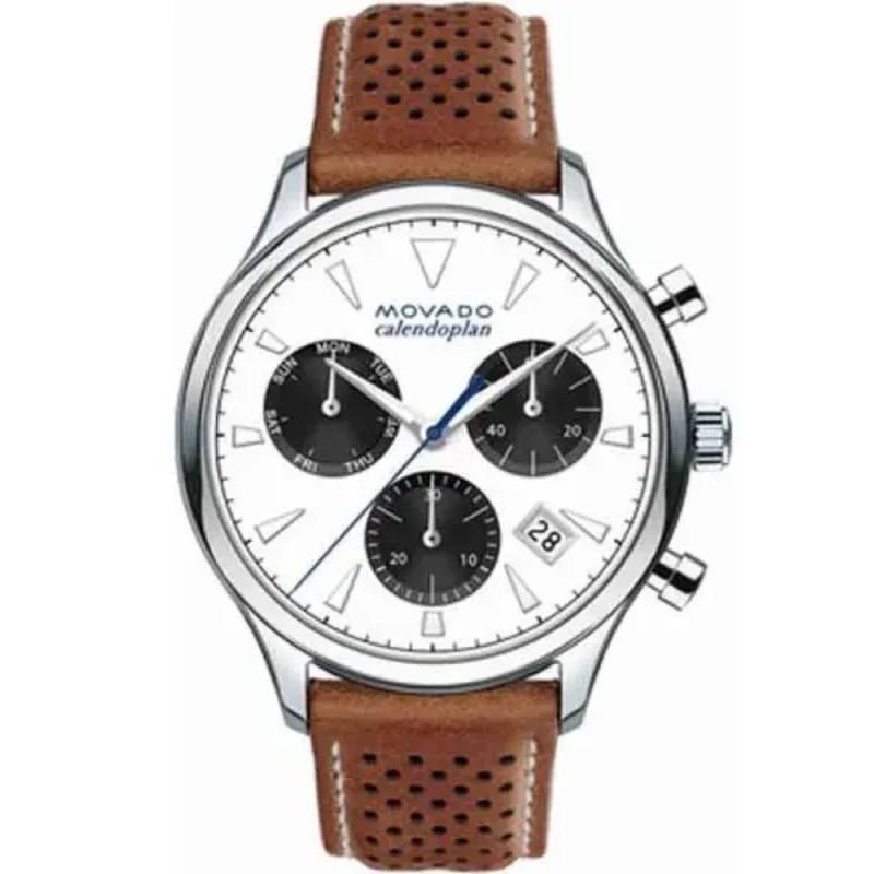 Movado 3650008 Men’s Swiss Made Quartz Leather Strap White Dial 43mm Watch