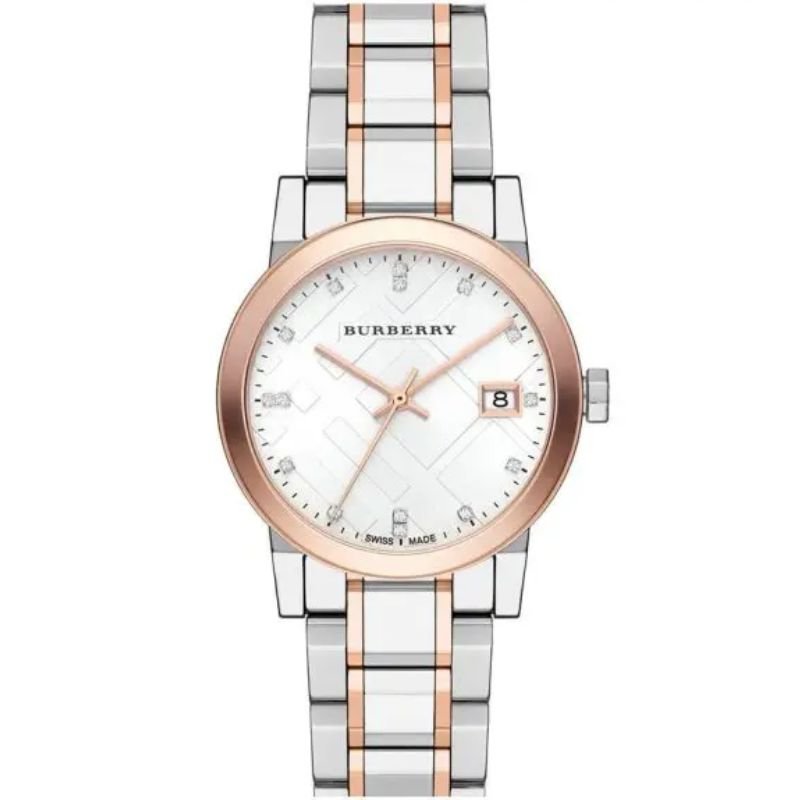 Burberry BU9127 Womens Swiss Made Two-Tone Stainless Steel Silver Dial 34mm Watch