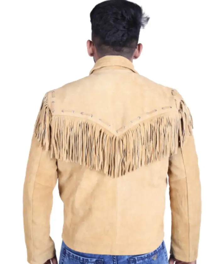 Real Cowhide Suede Brown Leather Western Jackets with Fringe for Men (Medium Size)