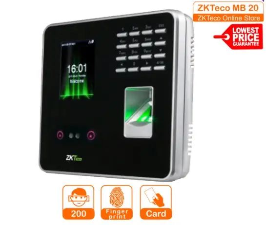 ZKTeco-MB20 Biometric Attendance Machine Fingerprint Capacity: 500. ID Card Capacity: 1,000. Display: 2.8-inch TFT Screen, Communication: TCP/IP, USB-Host, Wi-Fi , Power Supply: DC 12V 1.5A