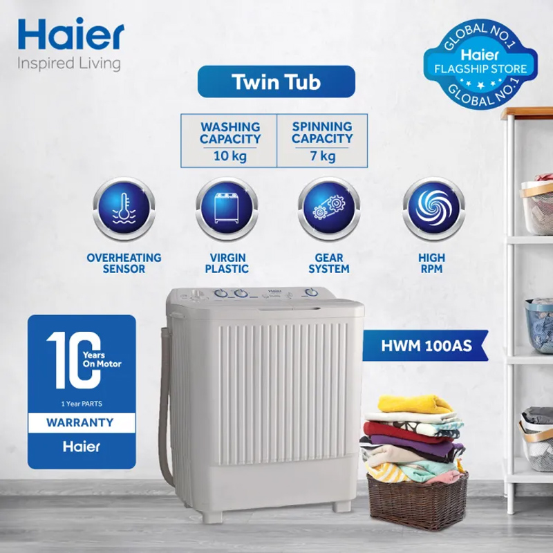 Haier (HWM-100AS) 10Kg Top Load Twin Tub Washing Machine With Official Warranty.