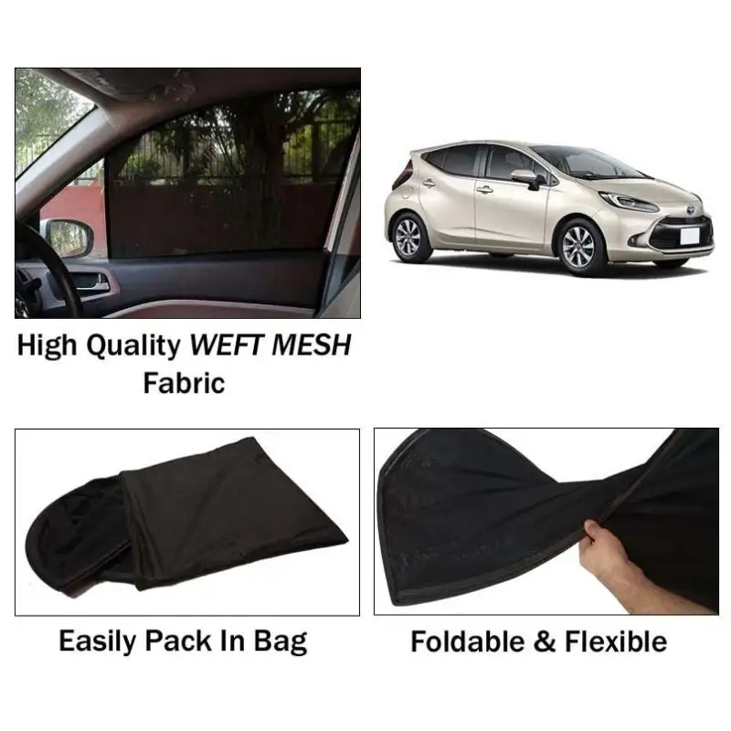 Toyota Aqua 2021 - 2024 Sun Shades | Foldable | Mesh Fabric | Flexible Rods | Dark Black | Packed In Bag