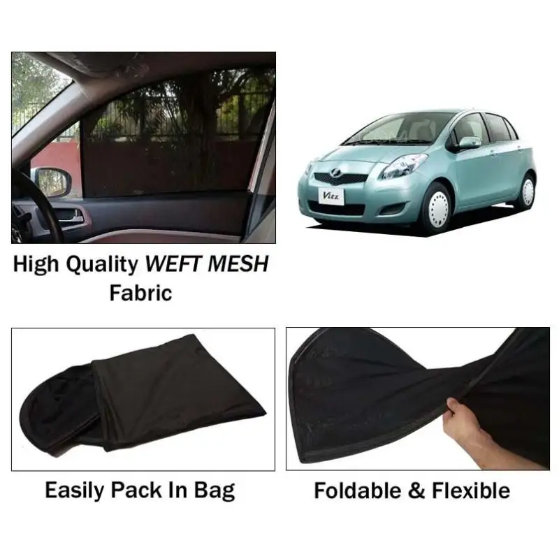 Toyota Vitz 2005 - 2010 Sun Shades | Foldable | Mesh Fabric | Flexible Rods | Dark Black | Packed In Bag
