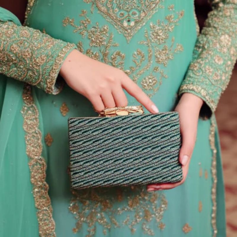 Embellished Fancy Green Clutch For Women's