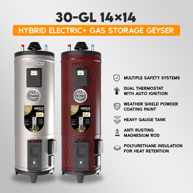 Hanco HUG-1430EG 30-Gallon 14×14 Hybrid Electric+ Gas Storage Geyser With Official Warranty