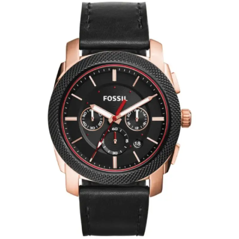 Fossil Black Leather Strap Black Dial Chronograph Watch For Gents - FS5120