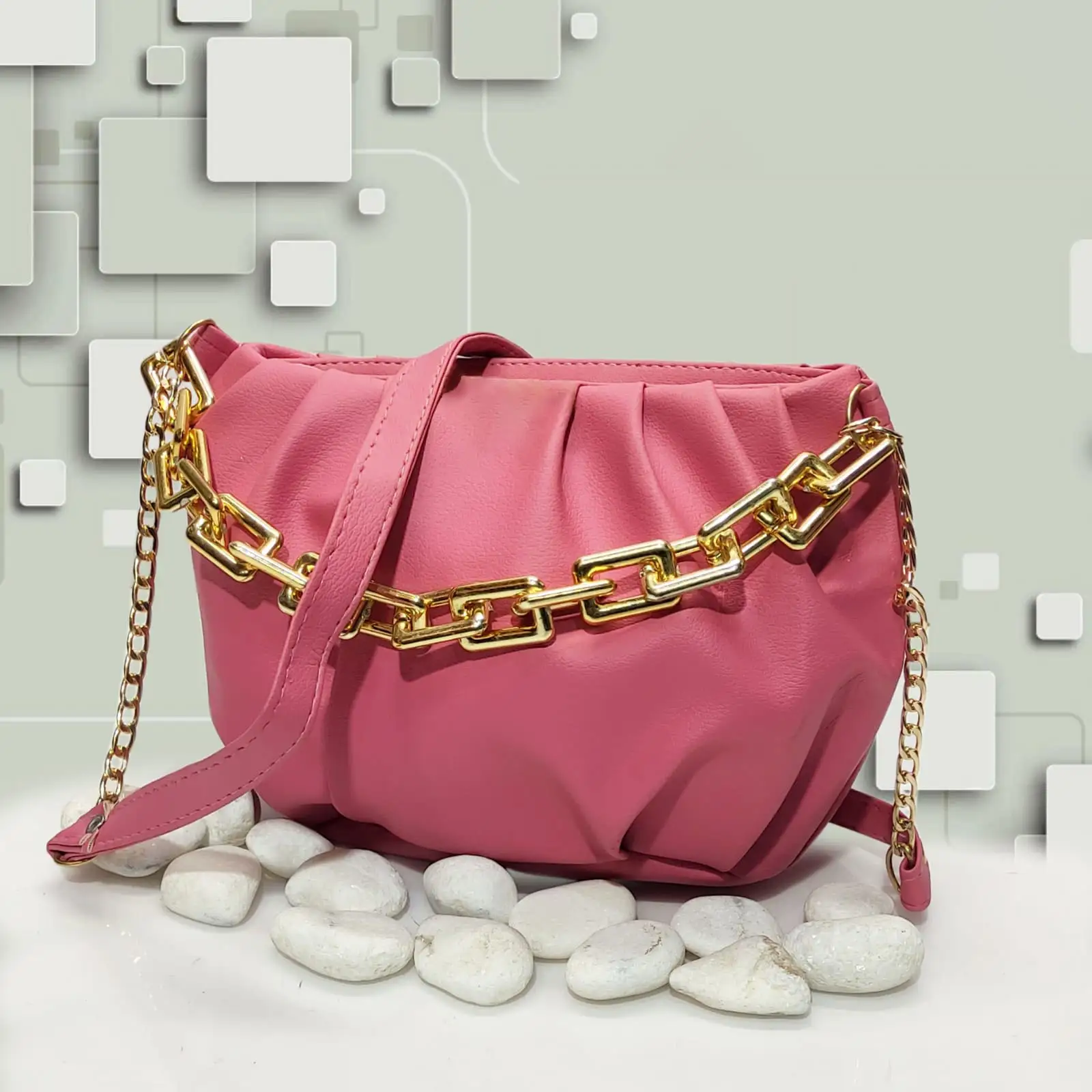 Stylish Golden chain Bag ( Baby Pink )