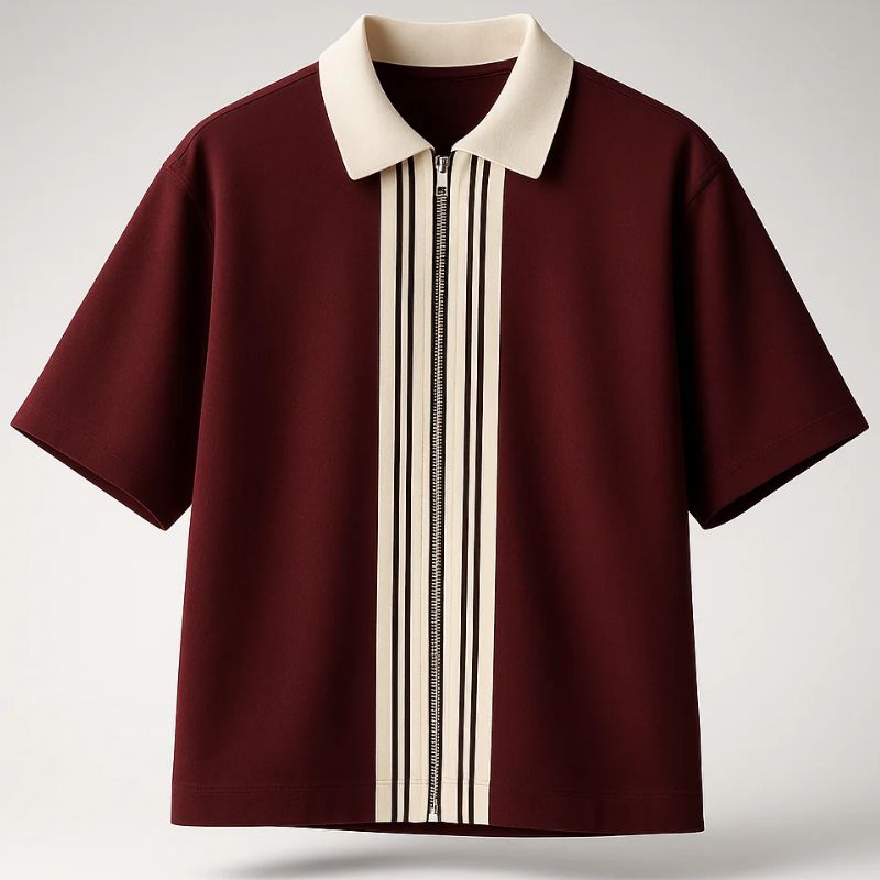 Maroon Zipper Striped Polo Shirt