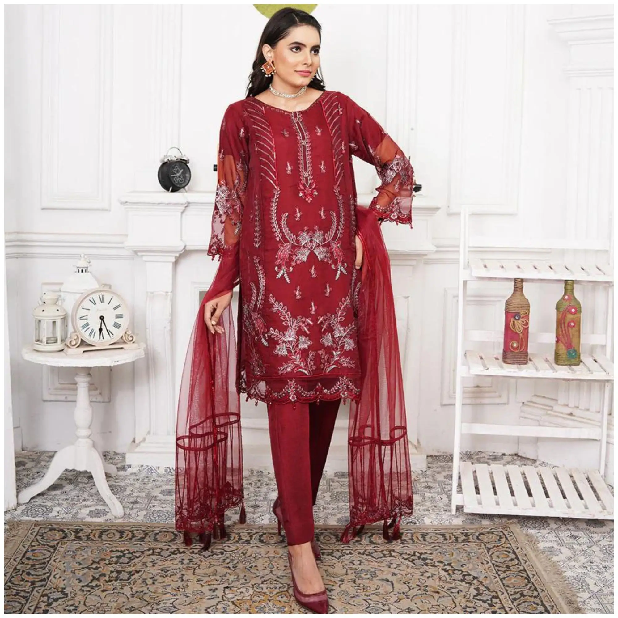 Bint al bilaad Party Wear Fancy Embroidered Suit Ready to Wear Dress for Women Stylish Event Readymade (3 PEICE) #BB-014