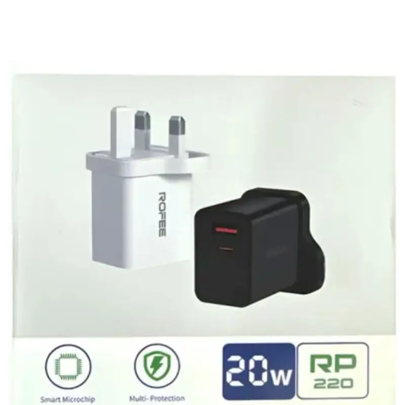Rofee RP-220 Smart & Fast Dual Port USB- A And C 20W Wall Charger Without Cable 3 Pin