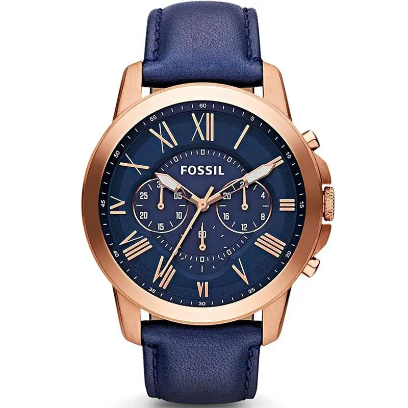 Fossil Men’s Quartz Chronograph Blue Leather Strap Blue Dial 44mm Watches FS4835