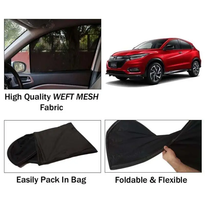 Honda Vezel Sun Shades | Foldable | Mesh Fabric | Flexible Rods | Dark Black | Packed In Bag