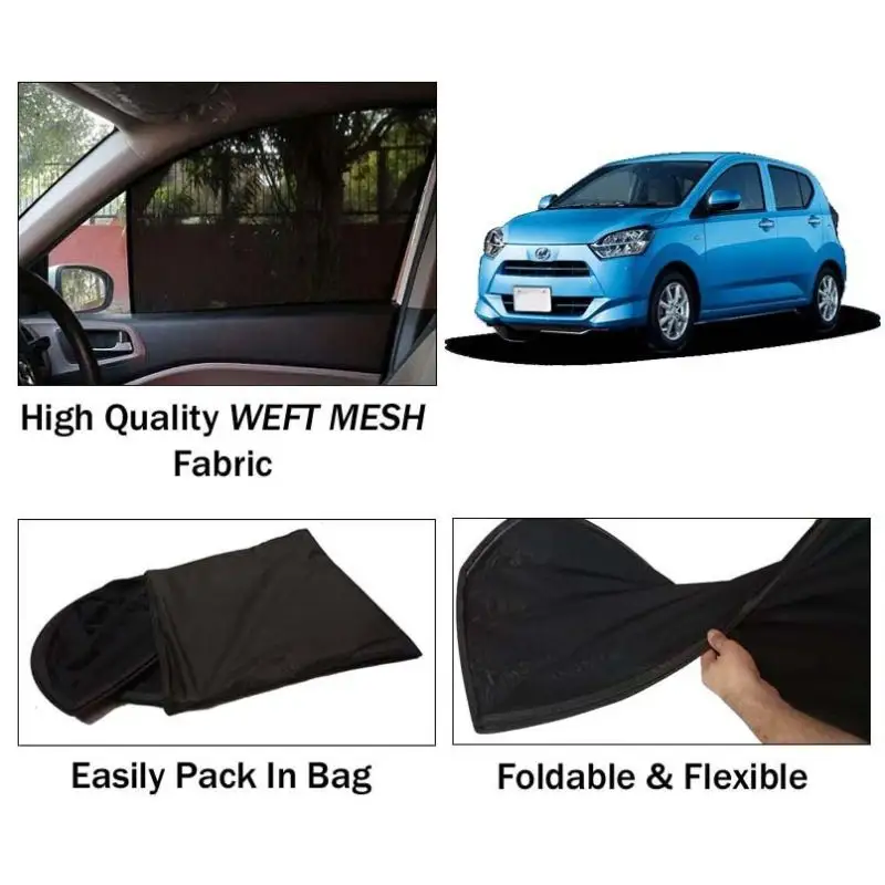 Daihatsu Mira 2018 - 2024 Sun Shades | Foldable | Mesh Fabric | Flexible Rods | Dark Black | Packed In Bag