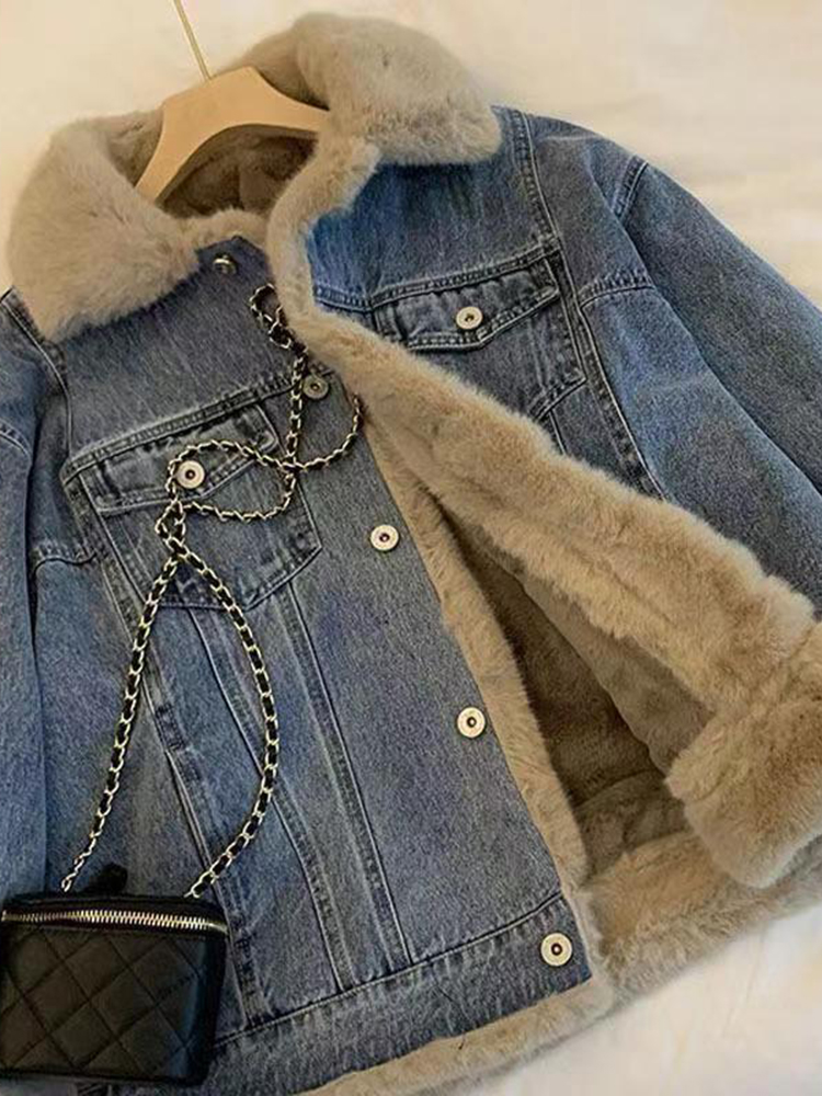 Fleece-Lined Denim Jacket with Faux Fur Collar