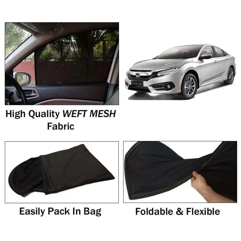 Honda Civic 2016 - 2021 Sun Shades | Foldable | Mesh Fabric | Flexible Rods | Dark Black | Packed In Bag