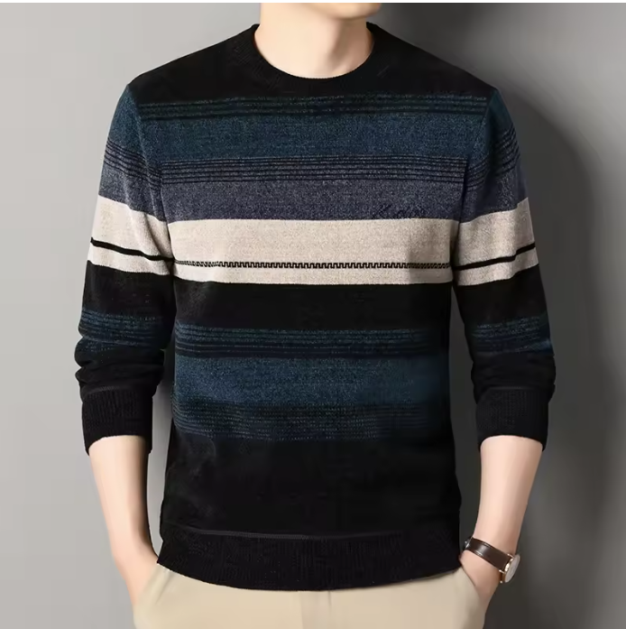 Mens Thickened Sweater Stripe Velvet Pullover Men's Winter Clothes Elegant Luxury Brand Fashion Knitted Sweaters