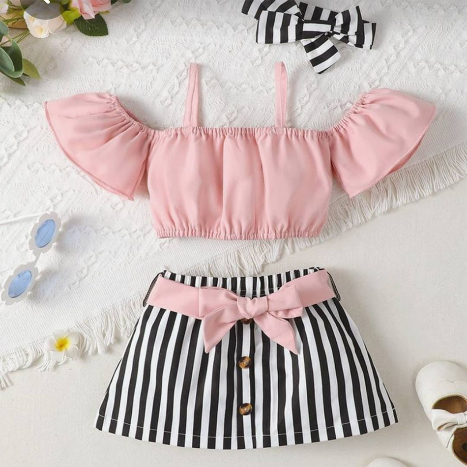 2Pcs Kid Girl Cold Shoulder plain lines Belted Stripe Shorts Set summer's