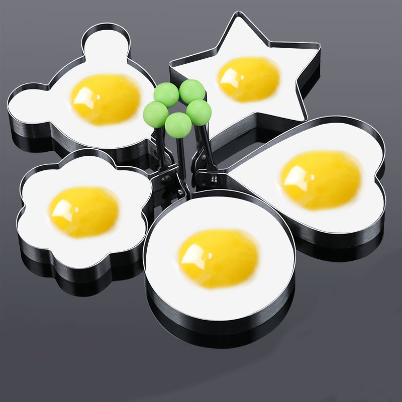 Stainless Steel 5-in-1 Fried Egg Pancake Shaper - Omelette Mold Set for Perfect Round, Square, Heart, Flower, and Star-Shaped Eggs