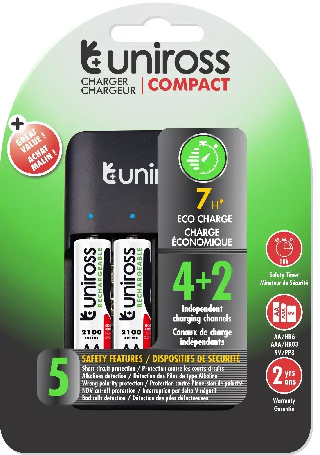 Uniross Original Compact Multi Battery Charger + 4 AA 2100 Ready to use Rechargeable Battery Cells