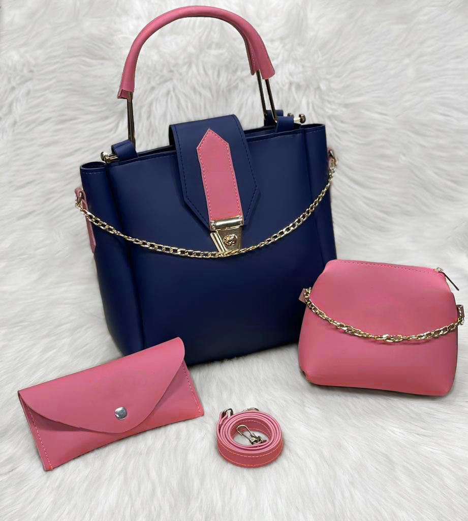 Pack of 3 piece set with golden chains and long strap ( Blue Pink )