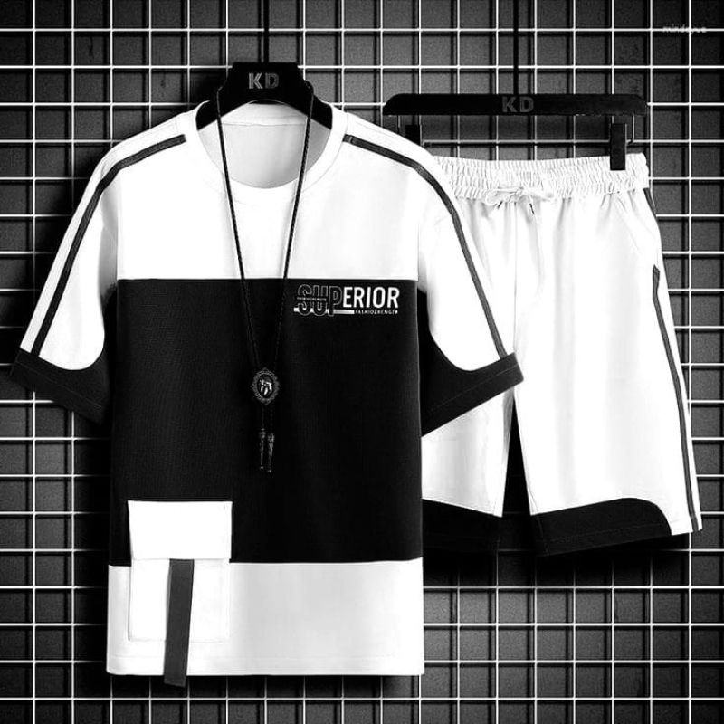 White printed short tracksuit with contrast panel for men