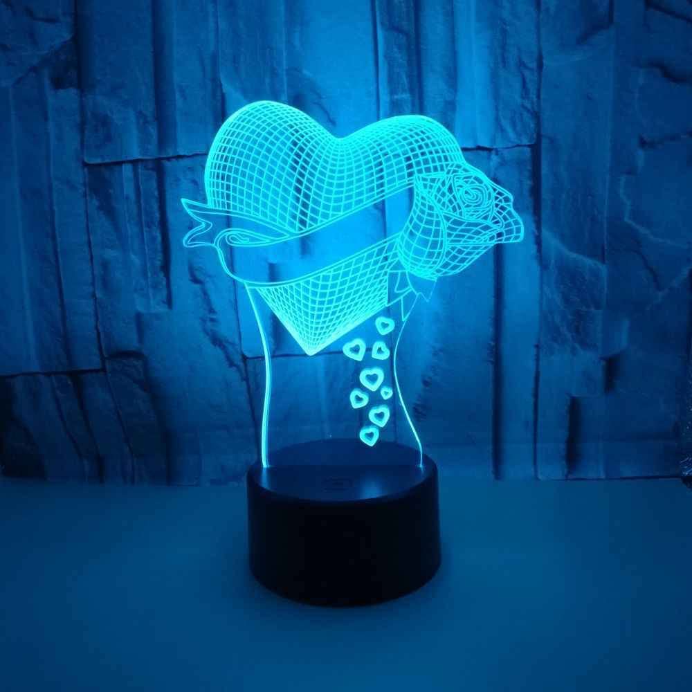 Heart Shaped Rose Flower 3D Night Light Optical Illusion Lamp Bedside Table Lamp