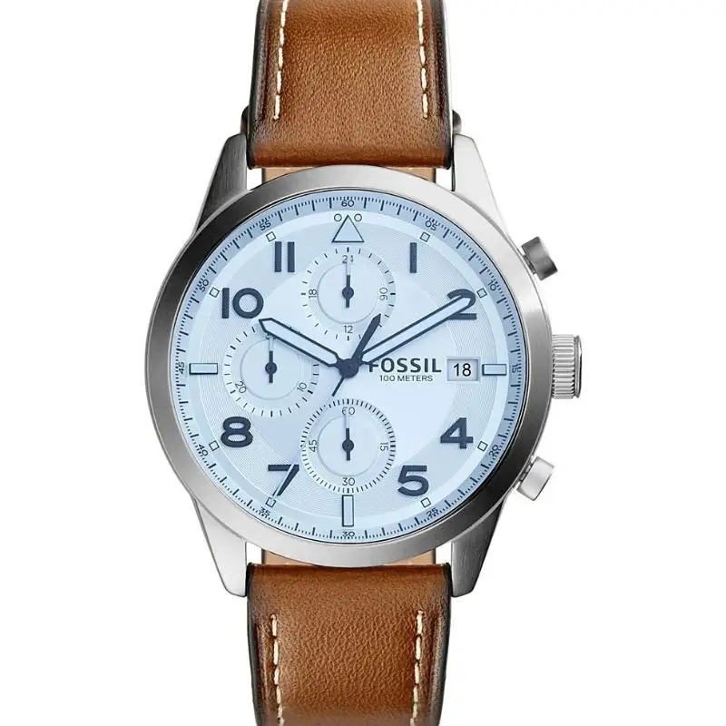 Fossil Men’s Chronograph Quartz Leather Strap Silver Dial 44mm Watch FS5169