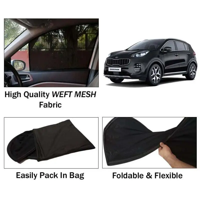 Kia Sportage Sun Shades | Foldable | Mesh Fabric | Flexible Rods | Dark Black | Packed In Bag