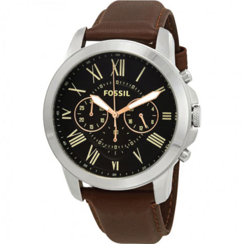 Fossil Grant Brown Leather Strap Black Dial Chronograph Watch For Gents - FS4813