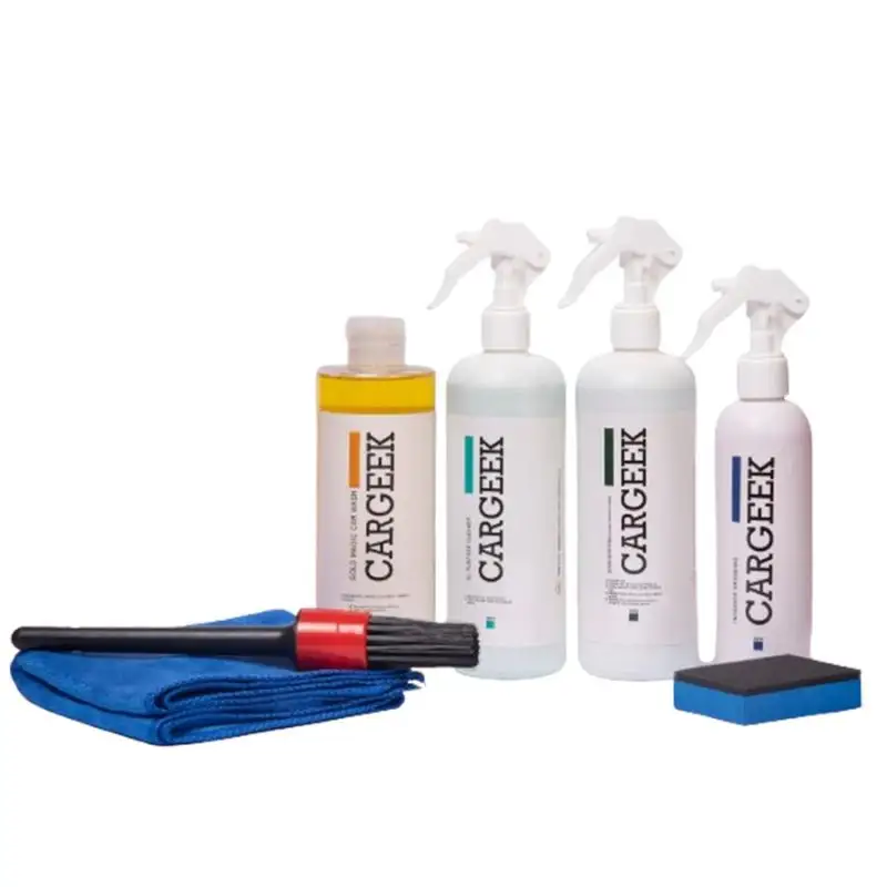 Car Geek (Pack Of 7) - All Purpose Cleaner - Interior Dressing - Super Degreaser - Gold Wash - Towel - Applicator Pad - Brush