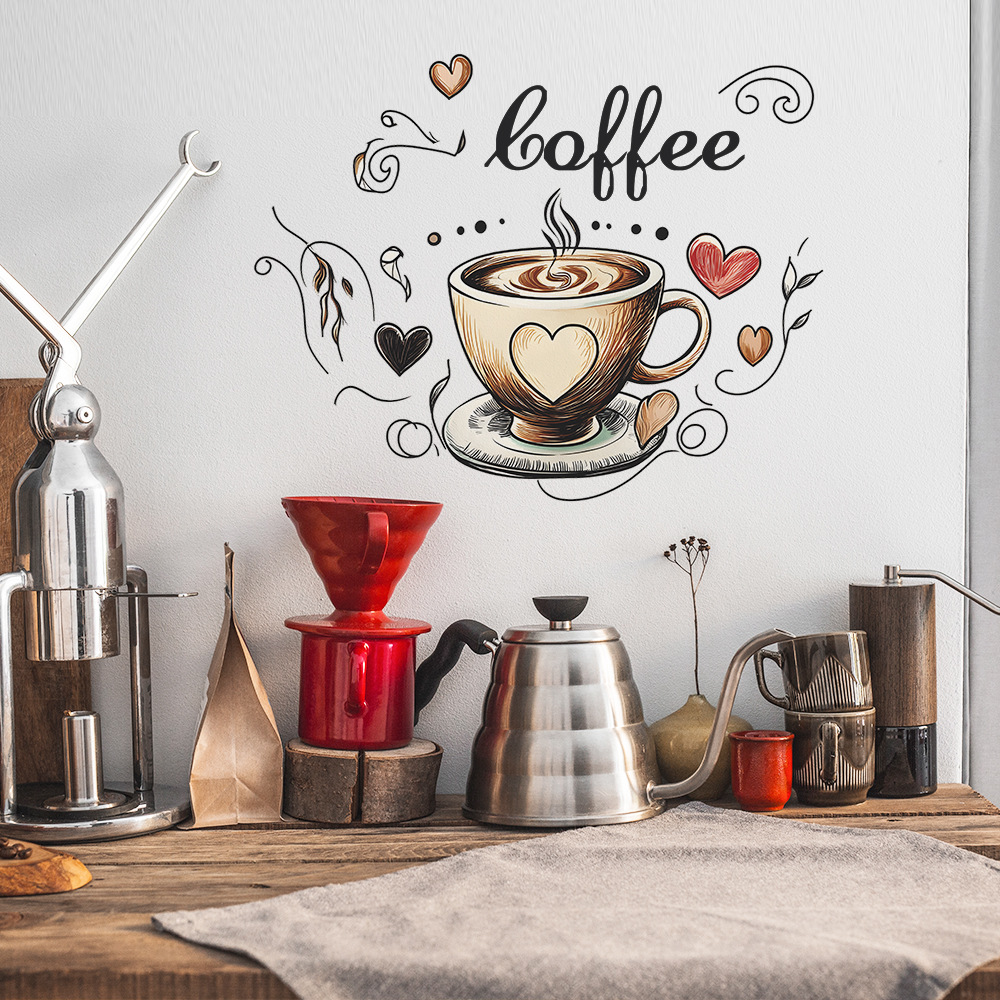 Coffee Cup Wall Stickers - Self-Adhesive Decals for Cafe Background Decoration, Kitchen Beautification, and Home Decor