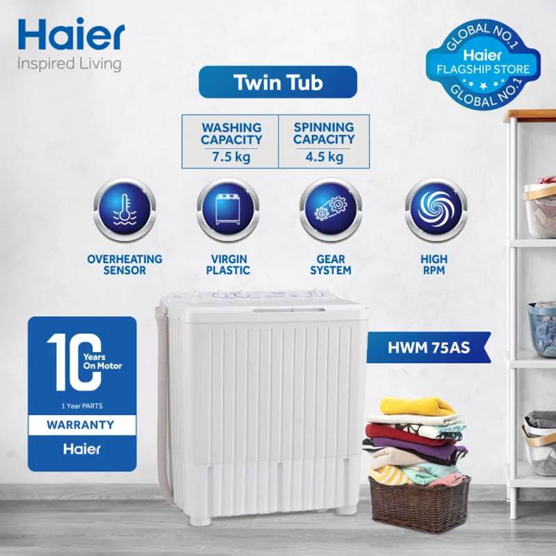 Haier HWM 75-AS 7.5KG Top Load Twin Tub Semi Automatic Washing Machine With Official Warranty.