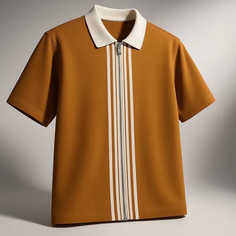 Camel Zipper Striped Polo Shirt