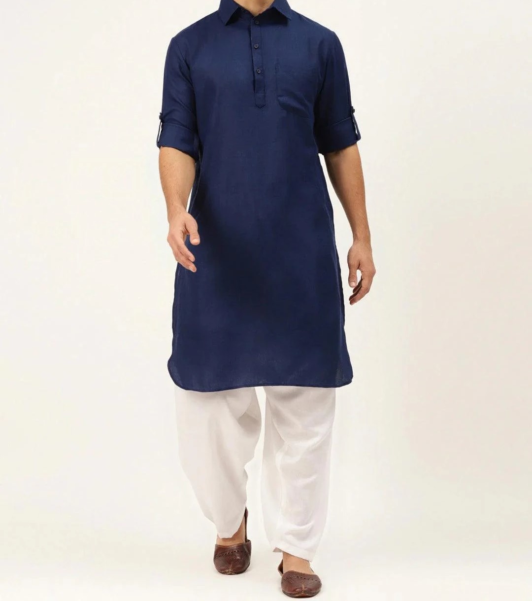 Navy Blue Kurta with Plain White Bottom (Wash n Wear)