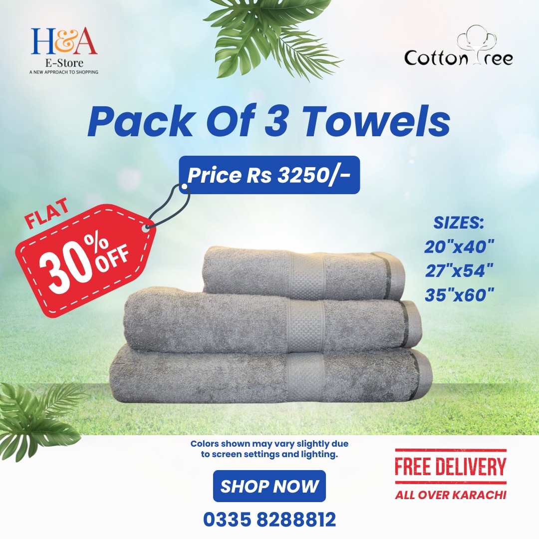 Pack of 3 Premium 100% Cotton Towels - Soft, Absorbent, and Durable Bath Towels Available in 4 Colors with  Free Delivery