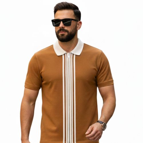 Aesthetic Gen Camel Zipper Striped Polo Shirt