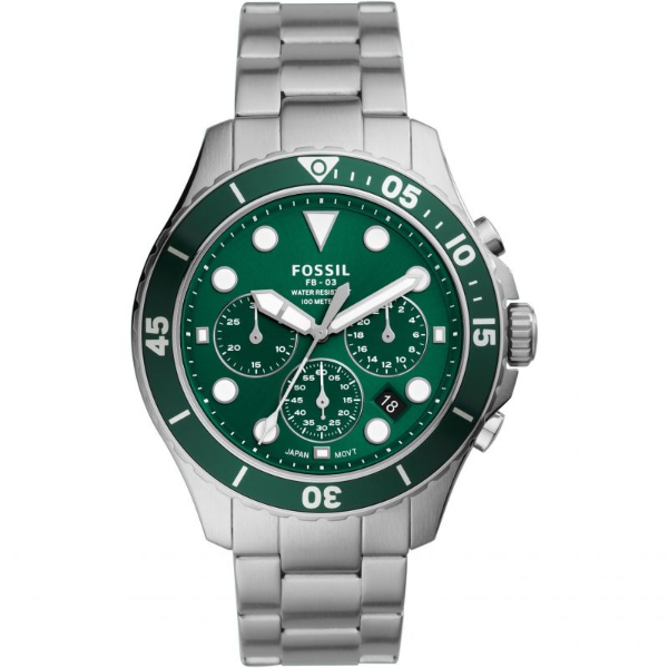 Fossil FB-03 Silver Stainless Steel Green Dial Chronograph Quartz Watch for Gents – FS5726