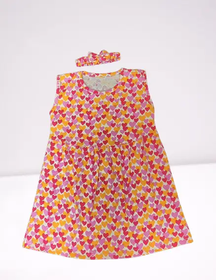 pink heart frock with bow hairband (0 to 6 months )