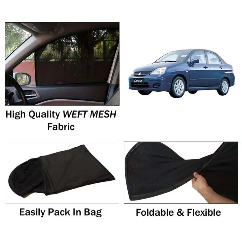 Suzuki Liana Sun Shades | Foldable | Mesh Fabric | Flexible Rods | Dark Black | Packed In Bag