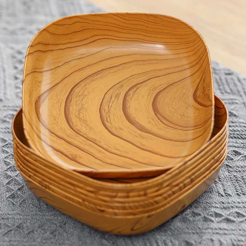 Wood Grain Plastic Square Serving Plates - Versatile Salad Bowls, Spit Bone Dishes, Coasters & Snack/Nut Serving Trays for Kitchen & Dining